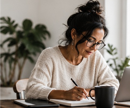 Woman writing notes at her desk