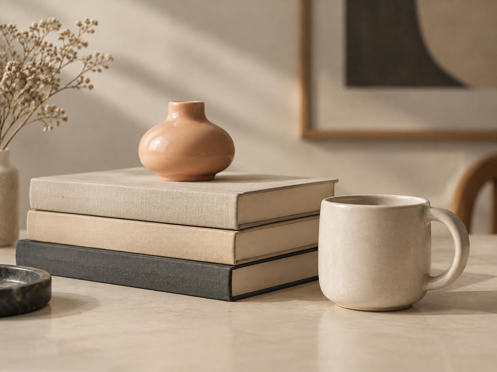 Books and a mug on a sunlit table