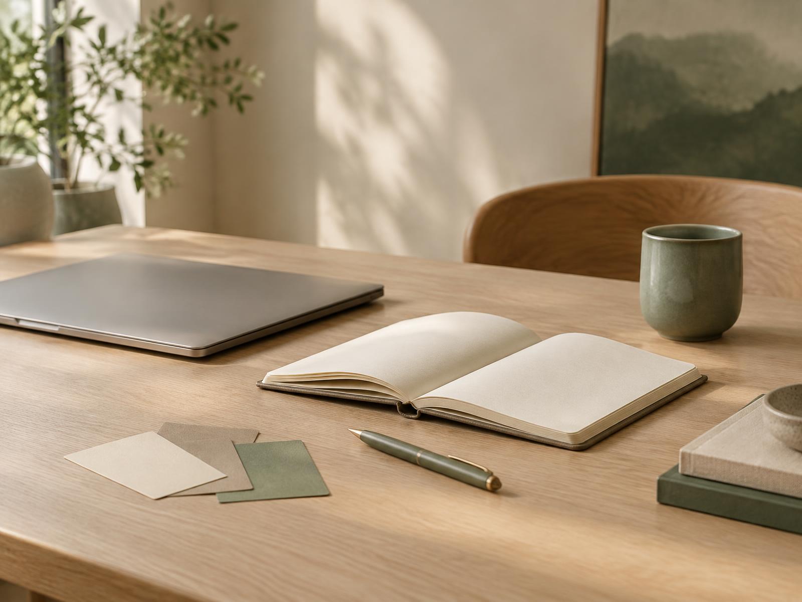 A calm workspace with a notebook and coffee